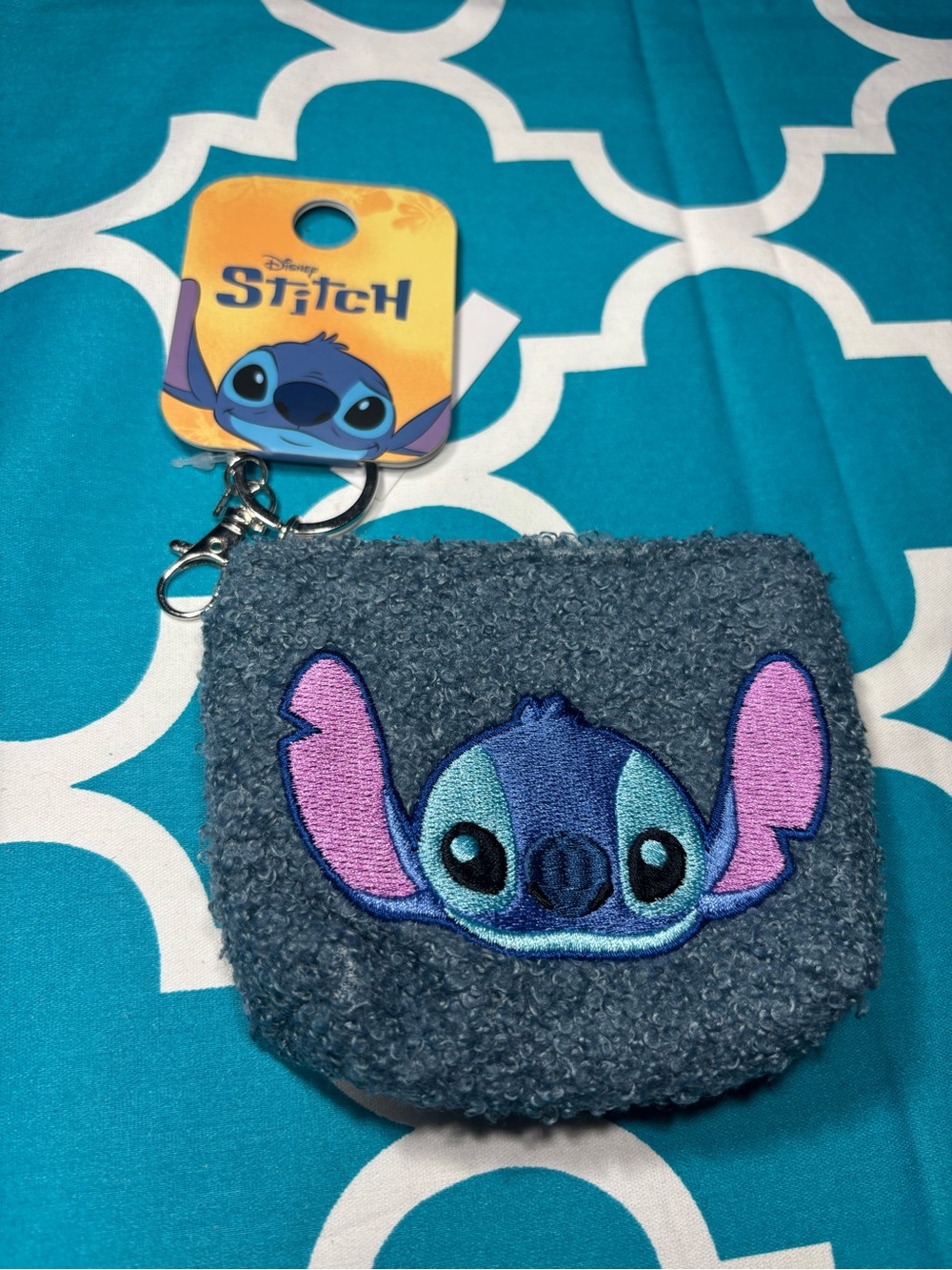 New Disney Stitch Gray Plush Coin Pouch with Keyring